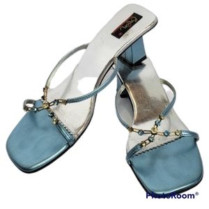 Gorgeous Vintage Jeweled Metalic Blue Block Kitten Heel Sandals Size 39 Shoe
